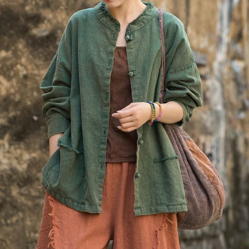 

25 Summer Cotton and Linen Women's New Ramie Fried Color Sanding Hand Buckle Coat