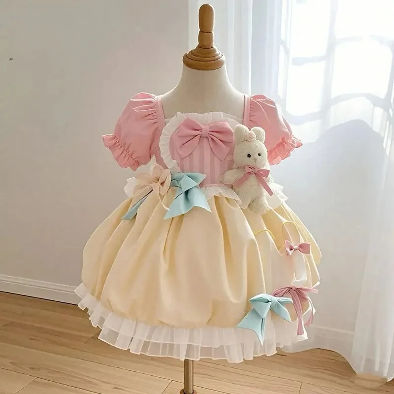 

Летнее розовое платье для маленьких девочек в стиле Лолита с кружевом и бантом, мультяшное, в стиле принцессы, бальное платье, юбки, одежда для дня рождения, детская одежда
