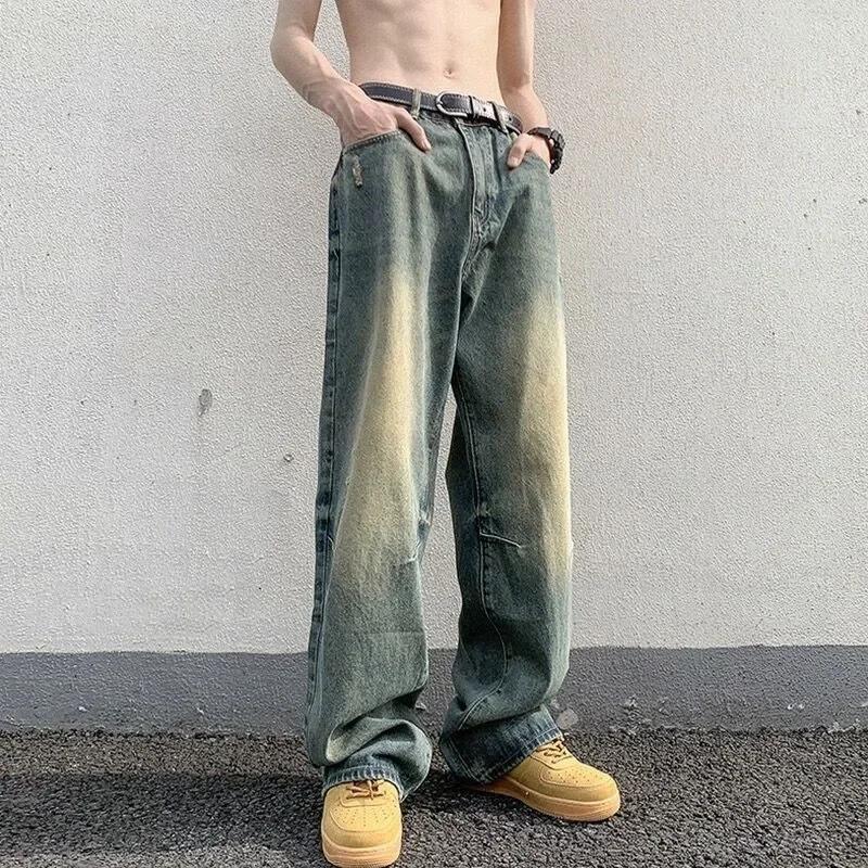 Men Floor Length Pant Jeans Denim Wide Leg Pants Loose Casual Pocket Straight Trousers High Waist Splice Autumn Winter 2024