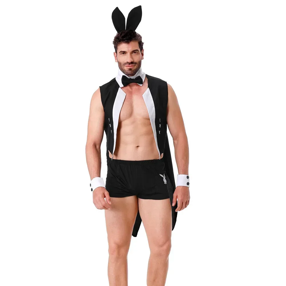 Men Sexy Outfits Lingerie Set Male Maid Cosplay Outfits Bunny Party Role Play Costume Waiter Lingerie Men Head Wear