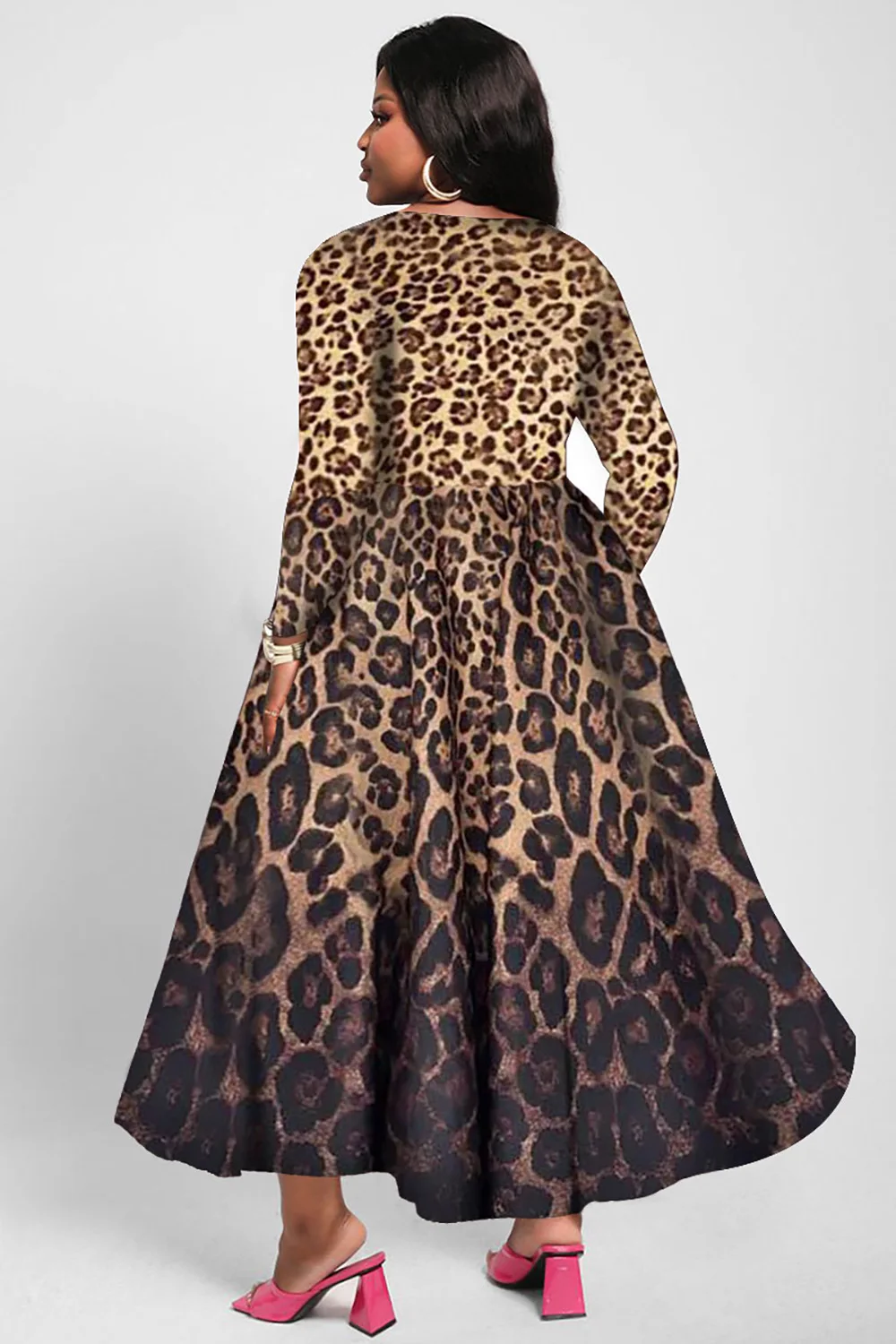 Plus Size Daily Dress Brown Leopard Print Long Sleeve Dress A-Line Pleated Round Neck High Street Vintage Casual Autumn Dresses