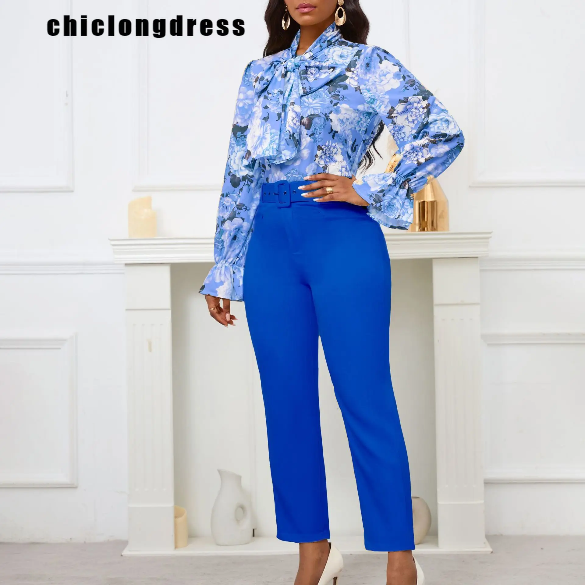 

Winter Fashion Printing Two Piece Set African Women Elegant OL Flower Lace Up Chiffon Shirt Belt Pants Two Piece Set Women