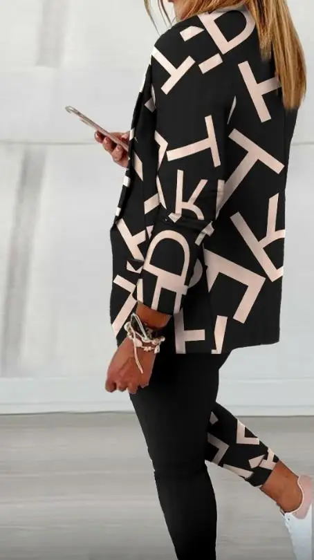 Elegant Women\'s Sets Blazer Sets Shawl Collar Button Work Letter Print Long Sleeve Blazer & Drawstring Pants Set Office Lady