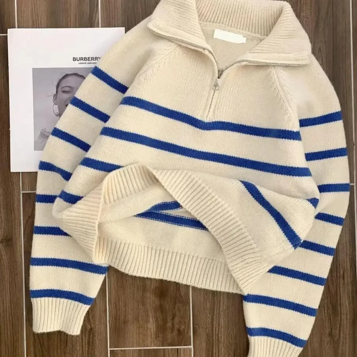 Leisure Loose Long Sleeves Knitted Sweaters Half Zip Lapel Sweater Women 2026 Autumn New Fashion Versatile Blue Stripes Pullover