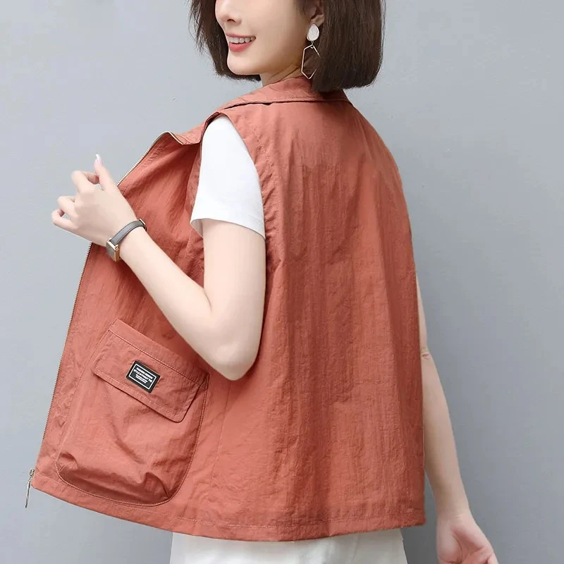 

Spring Summer Thin Vest Women Lapel Casual Lined Sleeveless Jackets Basic Pocket Short Waistcoat Sunscreen Coats Female Vest Top