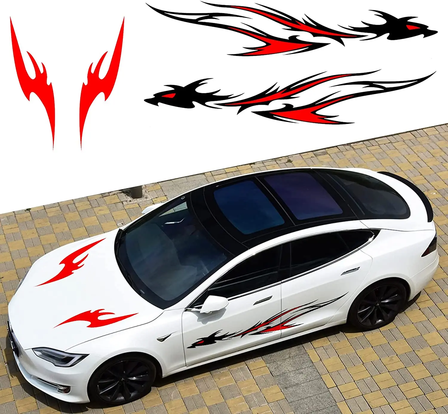 

YAMUDA Car Hood Body Flame Dragon Totem Personality Pull Flower Modification Decorative Stickers 4 PCS YQ04 (Red)