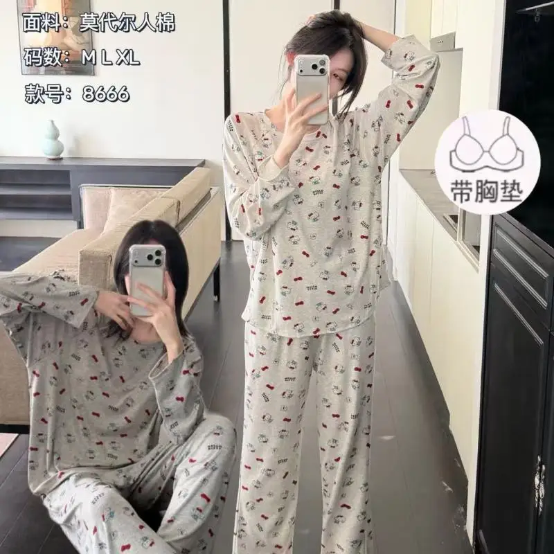 Hello Kittys Modal Sleepwear Women's Spring Autumn with Chest Mat Sweet Cartoon Cute Comfortable Round Neck Home Furnishing Set