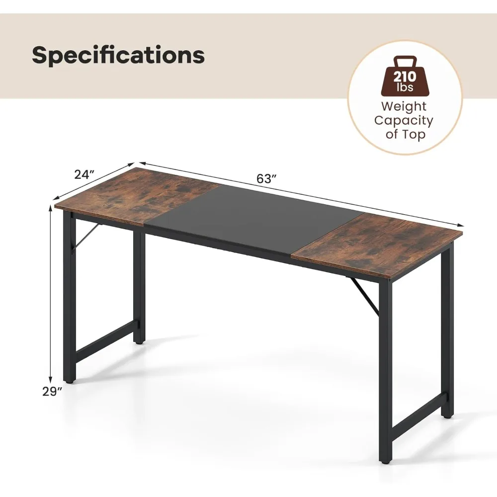 Компьютерный стол 63 дюйма, стол для ноутбука с прочным металлическим каркасом, письменный стол для ПК, прямоугольный стол для домашнего офиса, конференц-стол