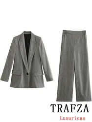 TRAFZA Vintage Chic Solid Women Suit Single Button Straight Blazer Loose Wide Leg Pants New Fashion 2024 Autumn Office Lady Sets