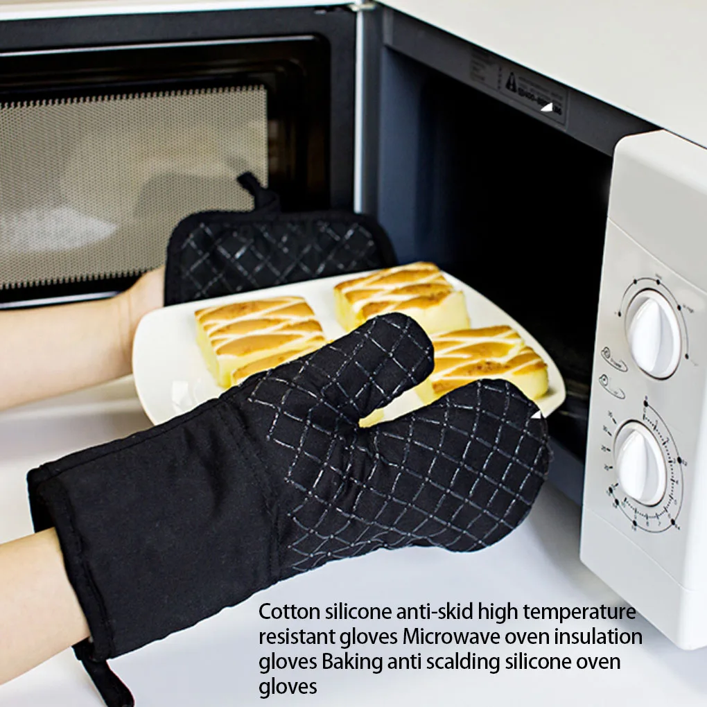 4 Pieces/Set Oven Portable Silicone Gloves Baking BBQ Mittens Heats Resistant Microwave Ovens Nonslip Mitts Black Grid