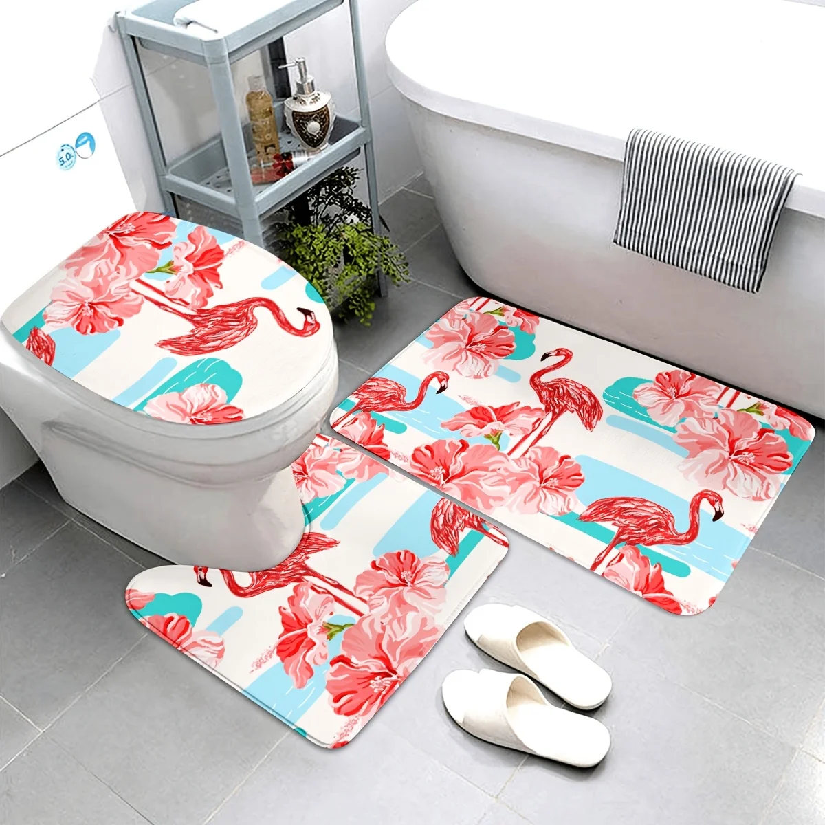 

3 шт. Набор ковриков для ванной с тропическим фламинго и гибискусом — нескользящий коврик для ванной из мягкой ткани с крышкой унитаза и контурным ковриком, розовый