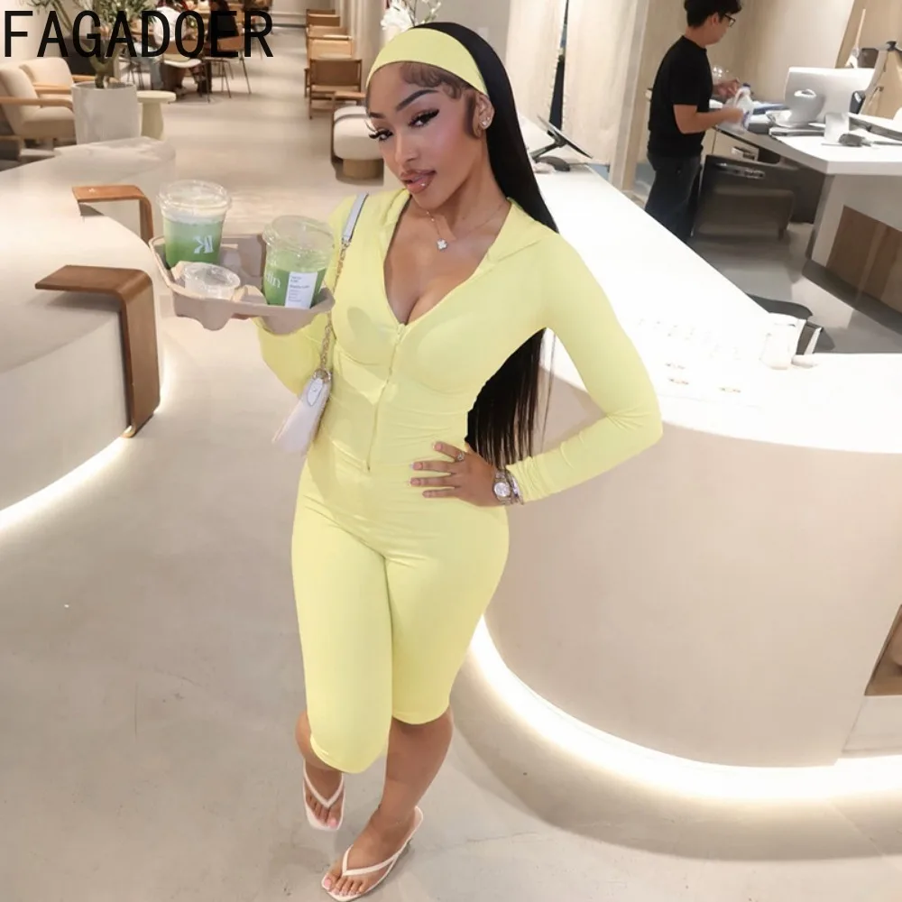 FAGADOER Casual Sporty 3 Piece Sets Fashion Solid Hooded Zip Up Long Sleeve Crop Top Capri Pants Headbands Matching Tracksuits view 3