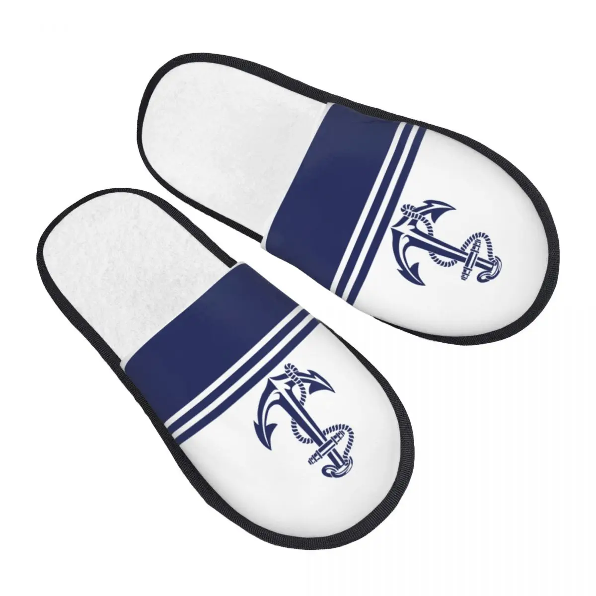 Custom Print Women Navy Blue Stripes Nautical Anchor 5 House Slippers Cozy Warm Memory Foam Fluffy Slipper Indoor Outdoor Shoes