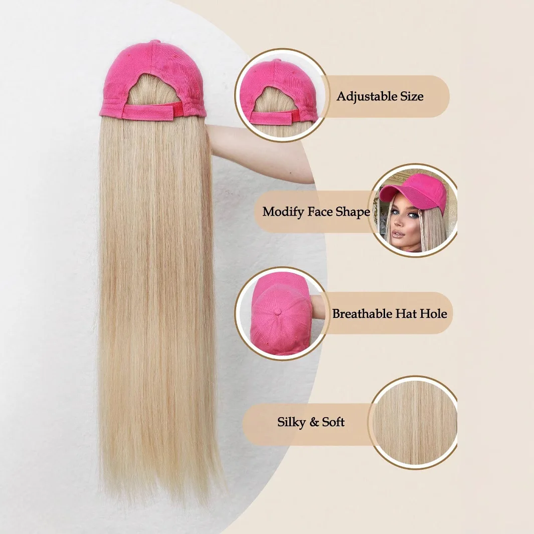 Baseball Cap with Hair Extensions Synthetic 22inch Straight Hairstyle Adjustable Wig Hat Attached Hairpiece for Woman Girl image 3