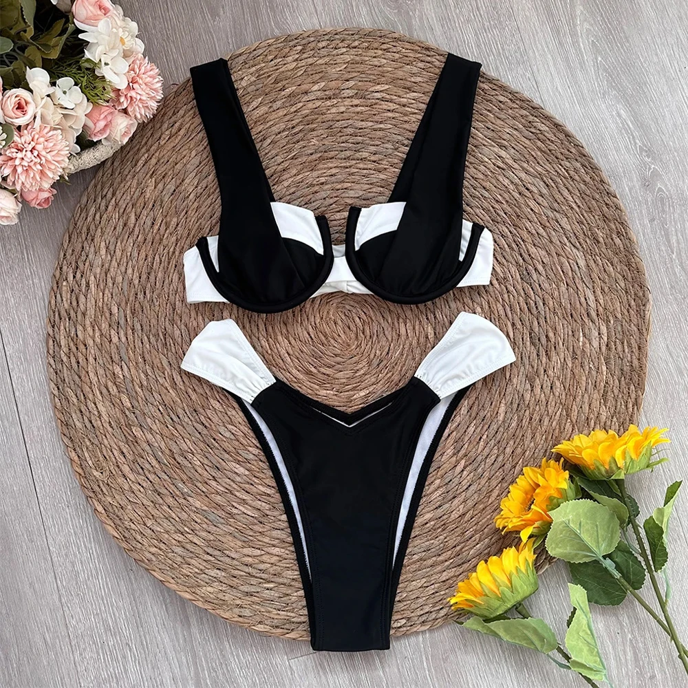 Sexy Micro Bikini 2024 Women Black White Halter Push Up Padded Thong Swimsuit Female Cut Out Bathing Suit Swimwear Biquini swim