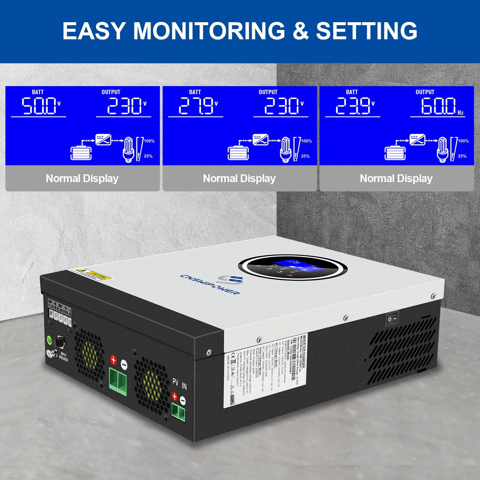 CNSWIPOWER Hybrid solar inverter 24V 220V-240V 3200VA 3000W Built-in 80A MPPT controller LCD screen