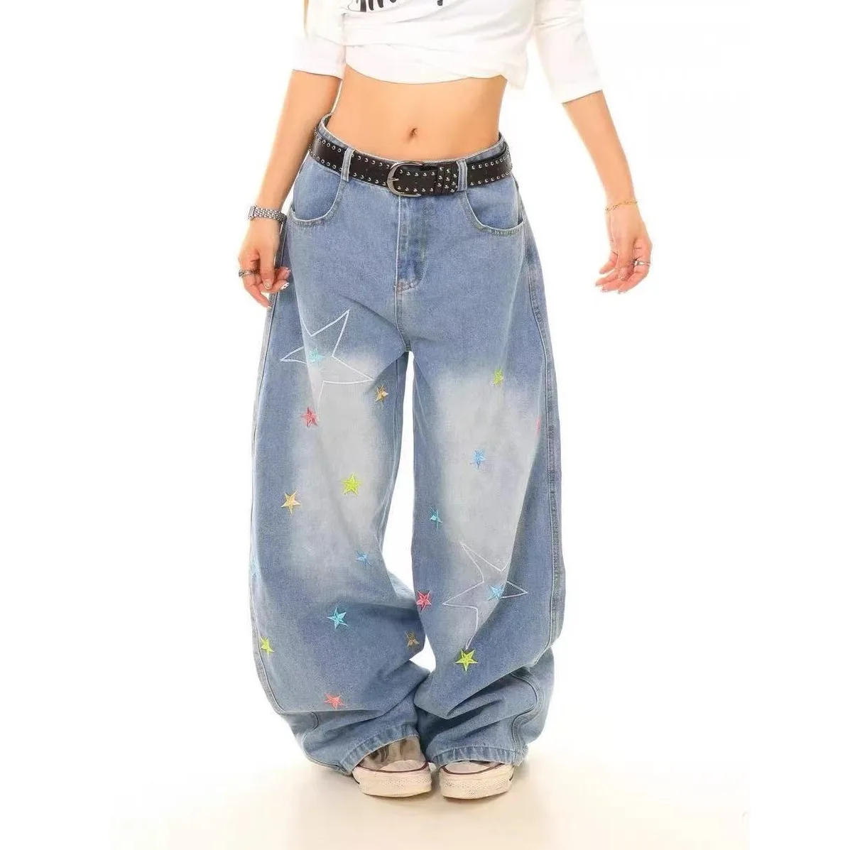 

Trendy Vintage Embroidered Jeans for Men Women Summer Wide Leg Loose Fit Washed Denim Pants Retro Distressed Curved Knife Style
