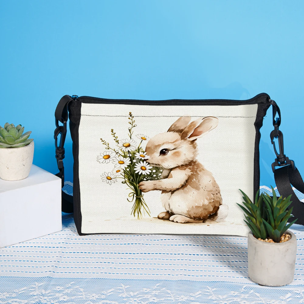 1pc Rabbit With Flowers Crossbody Bag White Animal Print Shoulder Bags For Women Casual Daily Use Travel Shopping Bag For Girls