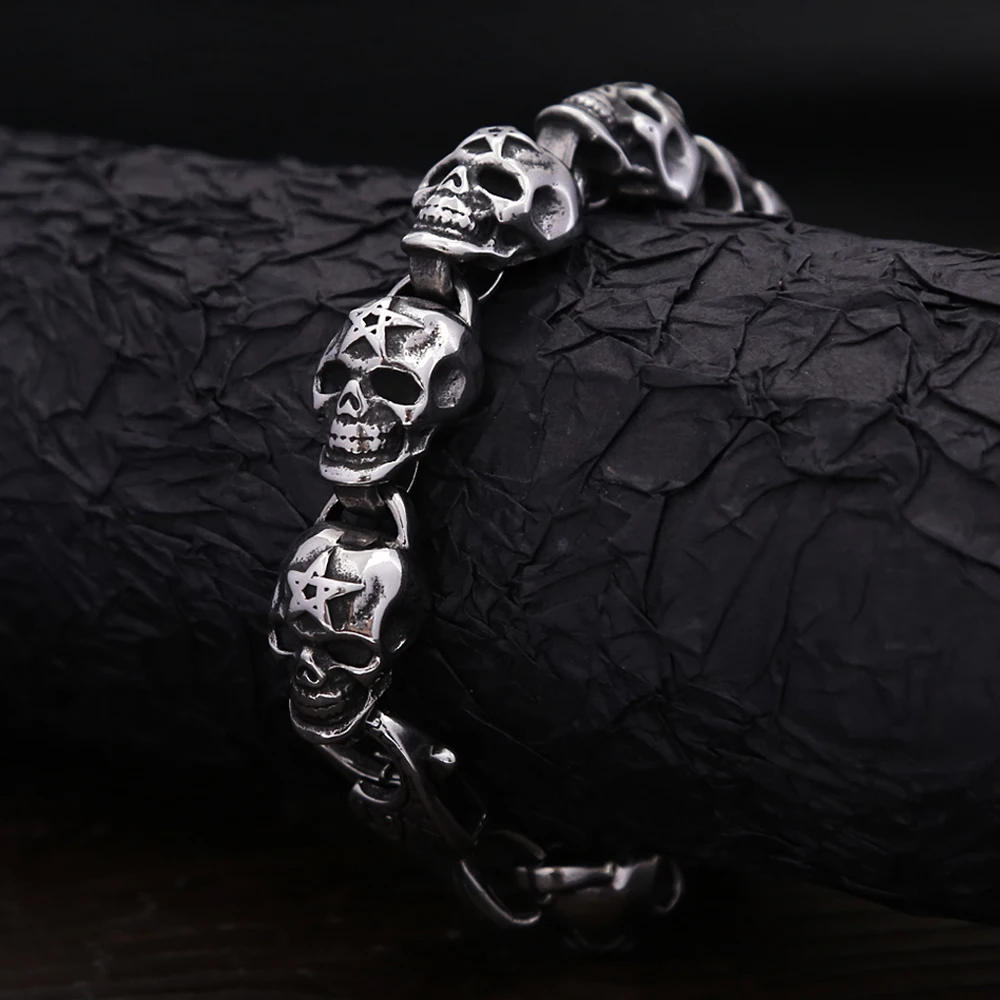 Punk Vintage 316L Stainless Steel Skull Bracelets For Men Boys Gothic Hip Hop Skeleton Bracelet Fashion Charm Jewelry Wholesale