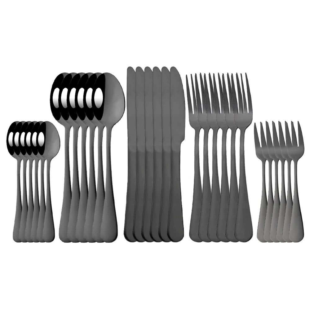 6/30Pcs Stainless Steel Dinner Luxury Black Dinnerware Set Knife Fruit Fork Spoon Cutlery Set Kitchen Tableware Silverware Set