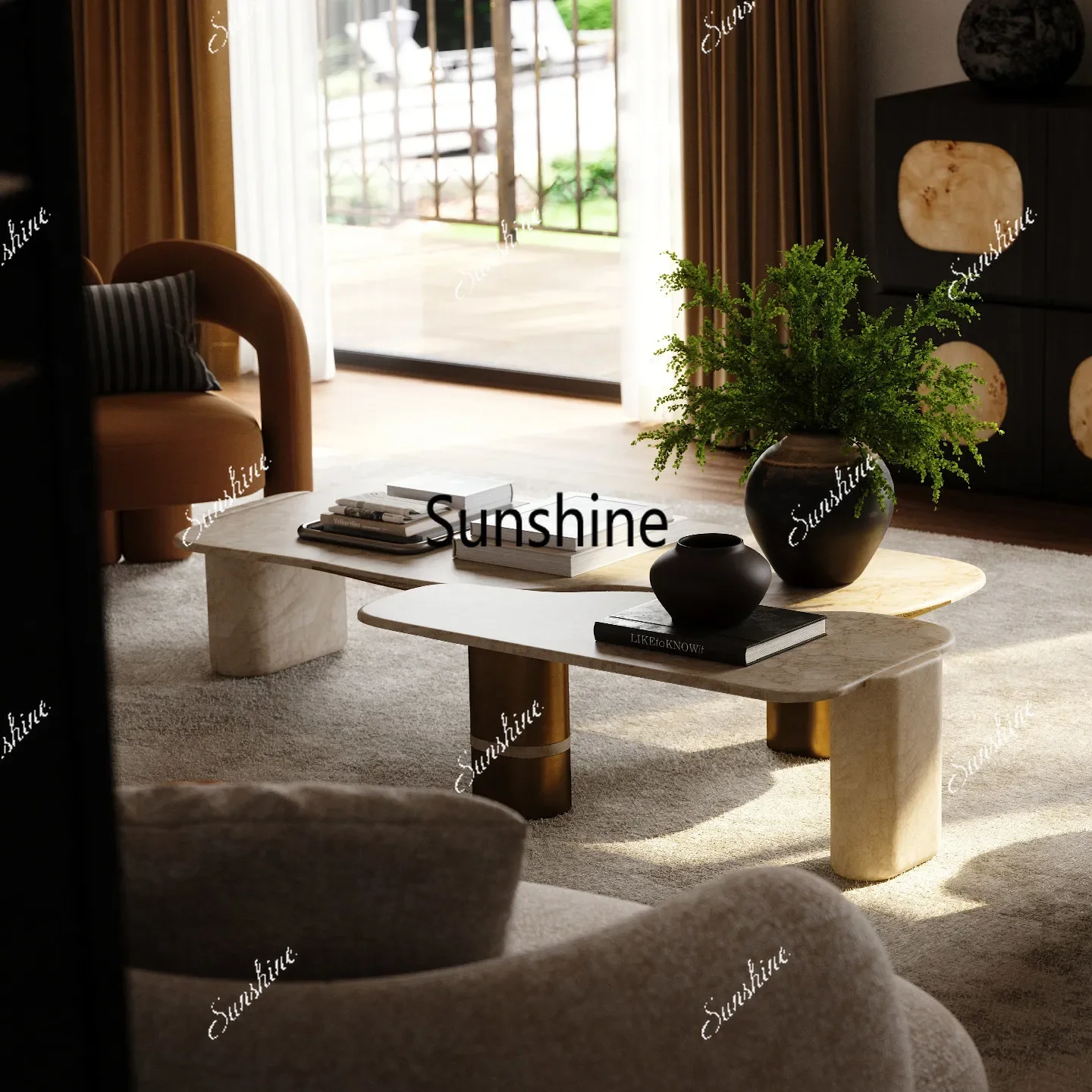 

Retro large flat-layer natural marble coffee table, ancient coffee table in the living roomTJ
