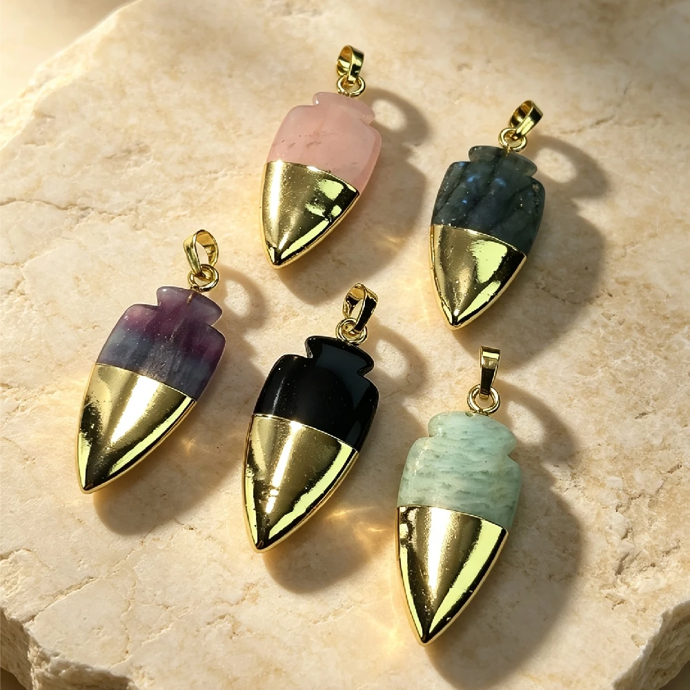 1PC Arrow‑Head Natural Mineral Pendant Tip Metal Capped Ornament DIY Necklace Charm Golden Plated P2D1073