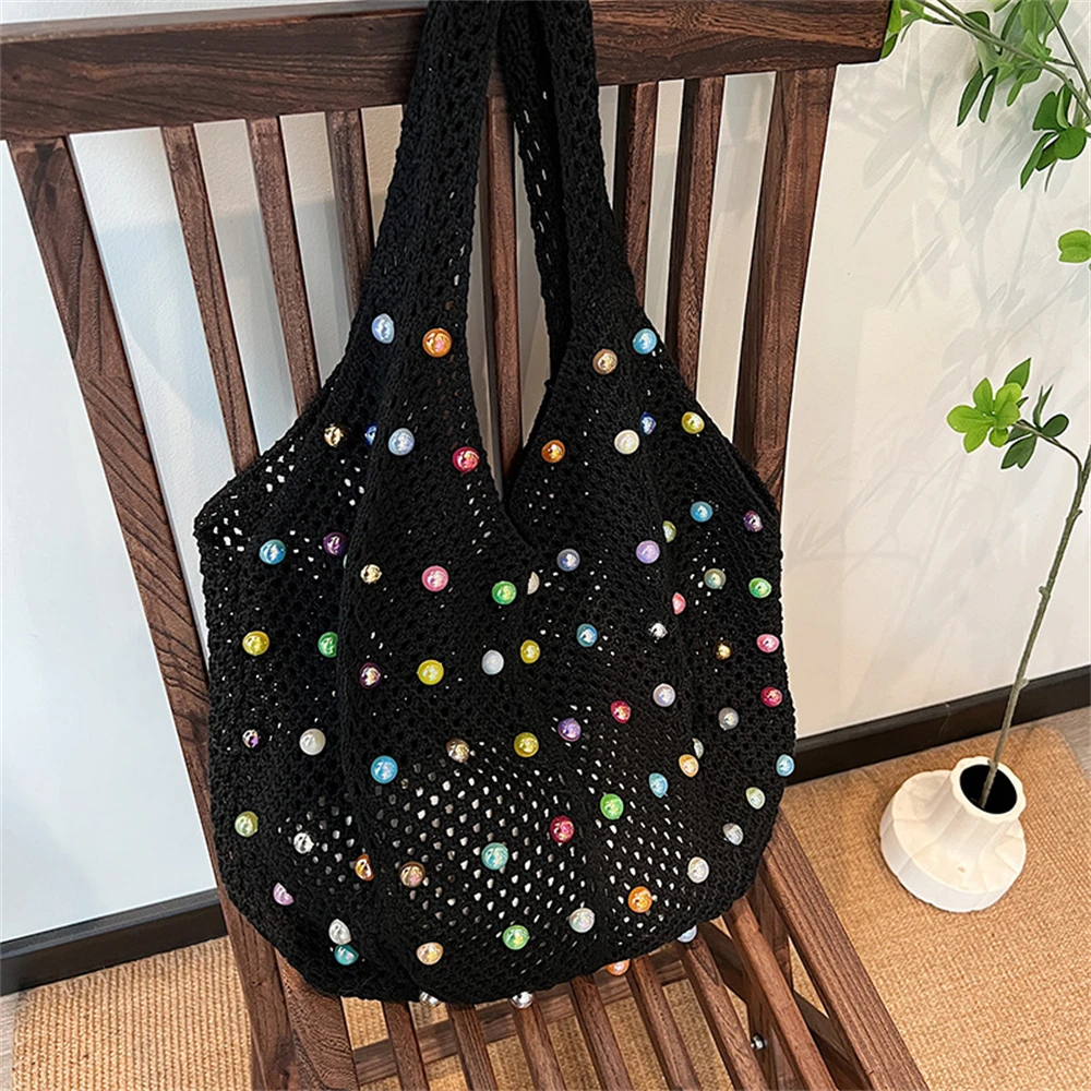 Summer Knitted Women Tote Bag bolsos Handmade Hollow Out Colour Pearl Shopper Bag  Large Capacity Portable Single Shoulder Bags