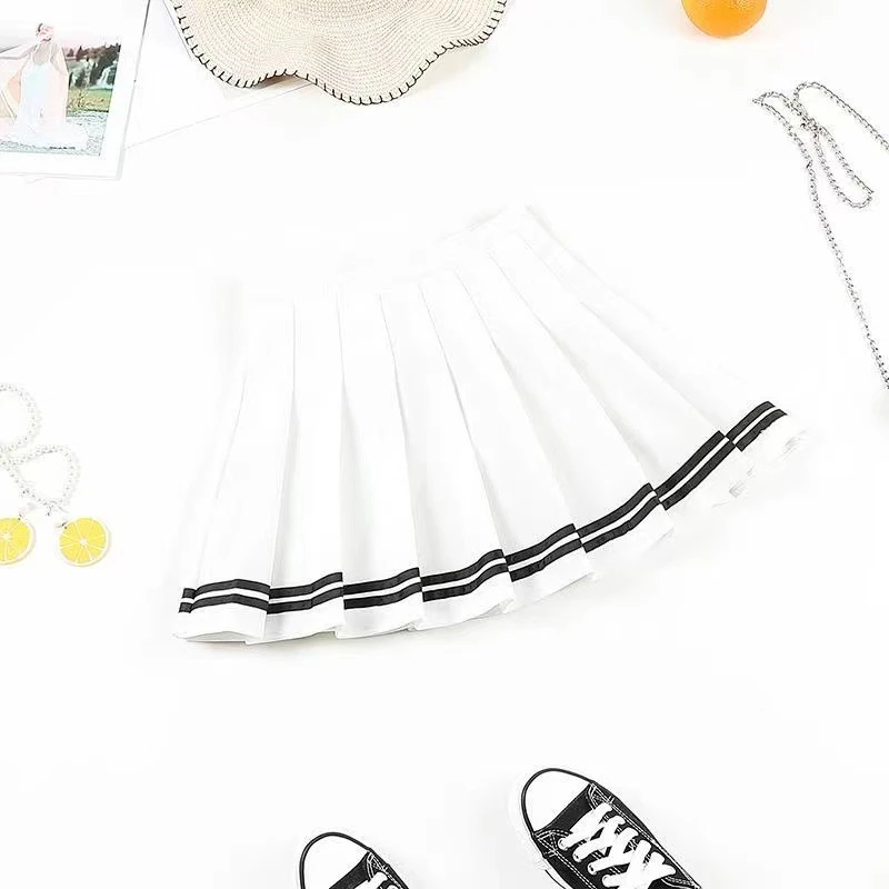 Damen Hochgeschnittener Plissierter Minirock A-Linie Gestreifter Saum Preppy-Stil Sommer Tennis JK Uniform – Detail 4