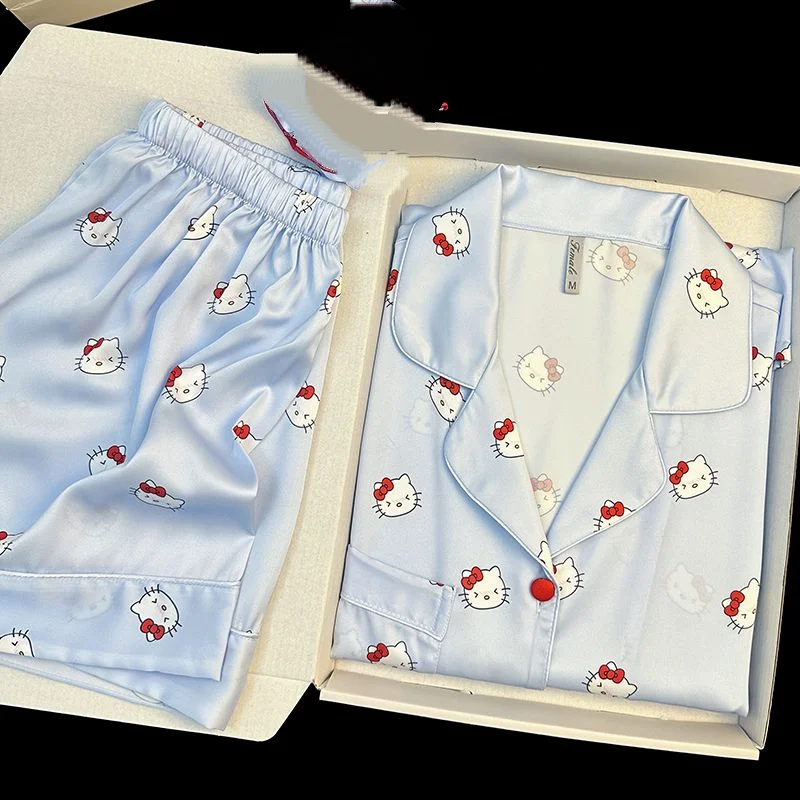 

Sanrio Hello Kitty Women's Ice Silk Sleeping Pajamas Set Kawaii Cartoon Summer Sleepwear Short Sleeve Shorts Nightwear Home Suit