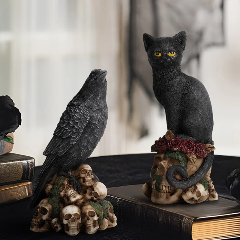 Таинственные-скелеты-декоративные-статуэтки-статуи-животных-кошки-и-вороны-украшения-полимерные-поделки-декор-для-стола-аксессуары-для-дома