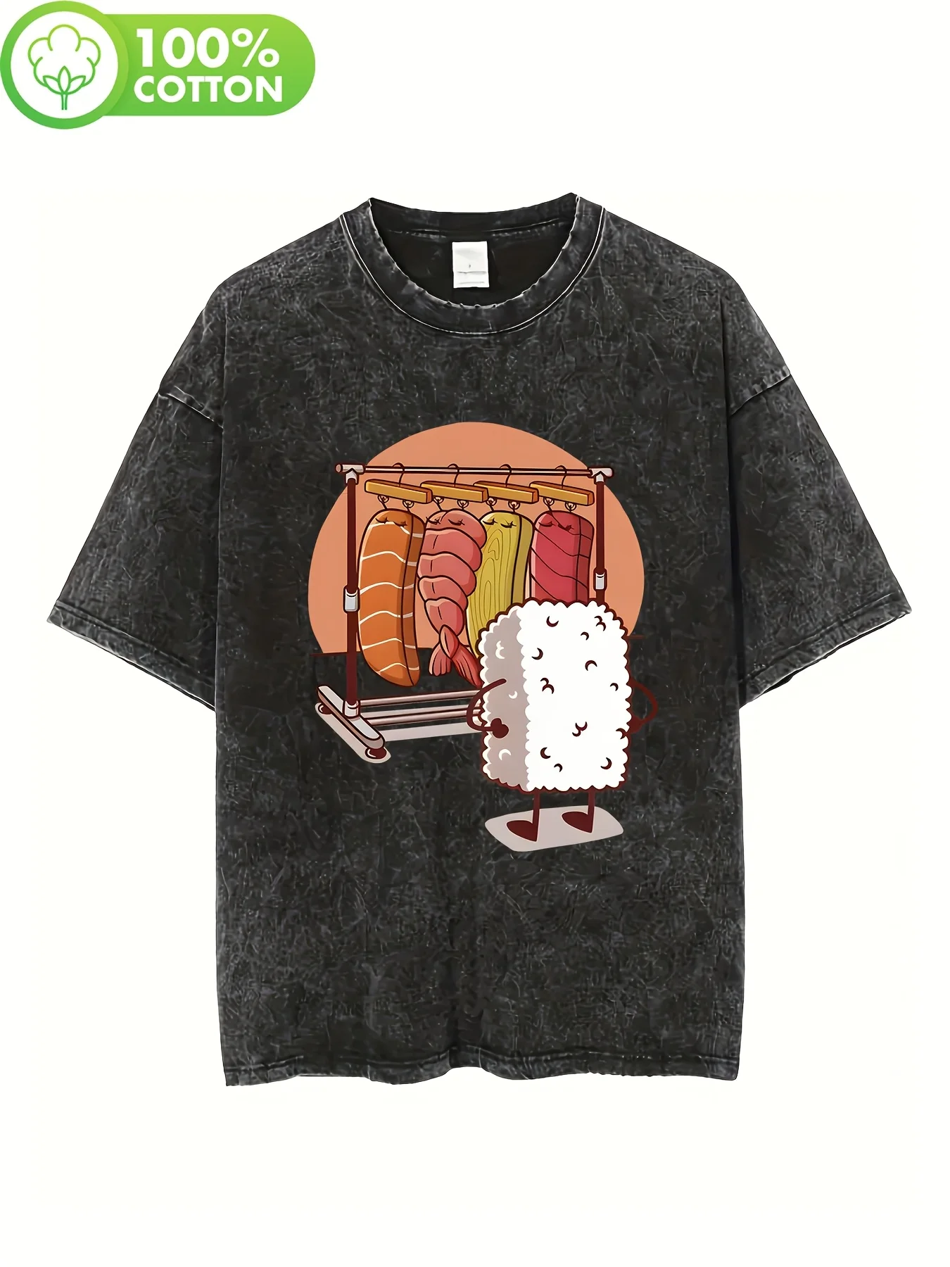 1 pieza, camiseta con estampado de comida, cuello redondo informal, diseño de cera lavada vintage, gráfico de sushi y arroz de moda, longitud regular