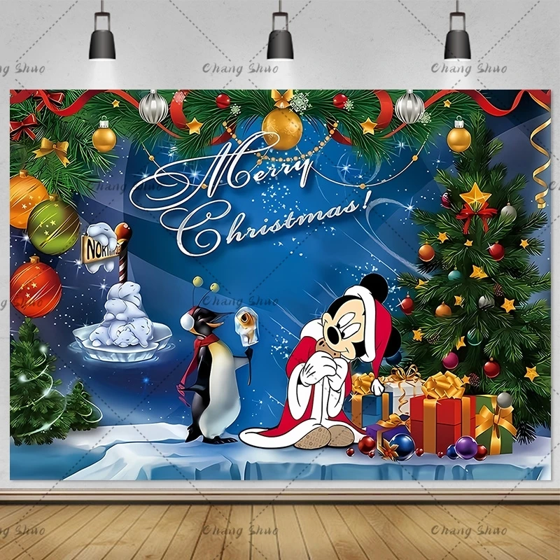 Cute Cartoon Minnie Mickey Mouse Olaf Backdrops Decoration Lovely Toys Tree Gifts Christmas Party Purple Photography Background