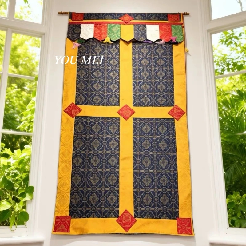 Tibetan-Style Door Curtain,Nepal Handmade Embroidery,Yellow Auspicious Ten Freedom Patterns,Home Partition Art Hanging Curtain