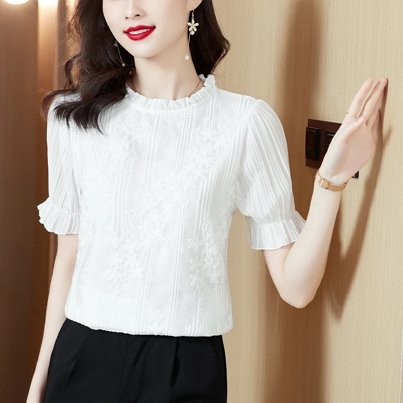 Long Sleeve Blouse Women White Lace Chiffon Blouse Shirt Tops Women Blusas Mujer De Moda 2024 Blouses Shirts Blusa Camisas E159