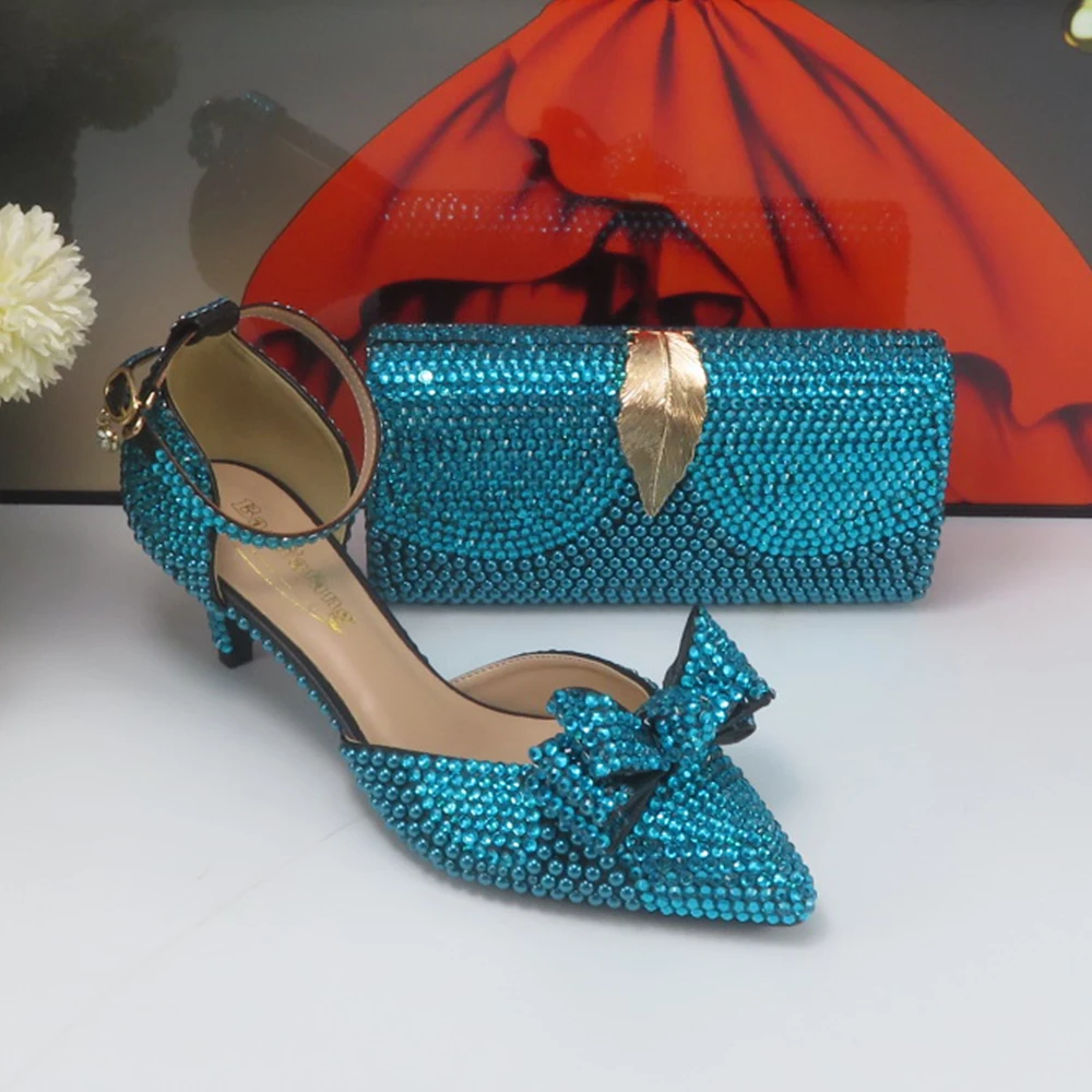 BaoYaFang 2024 New Arrival Teal Blue Crystal Bridal wedding shoes and Bag Female Ladies Party Shoes Ankle Strap Thin High Pumps