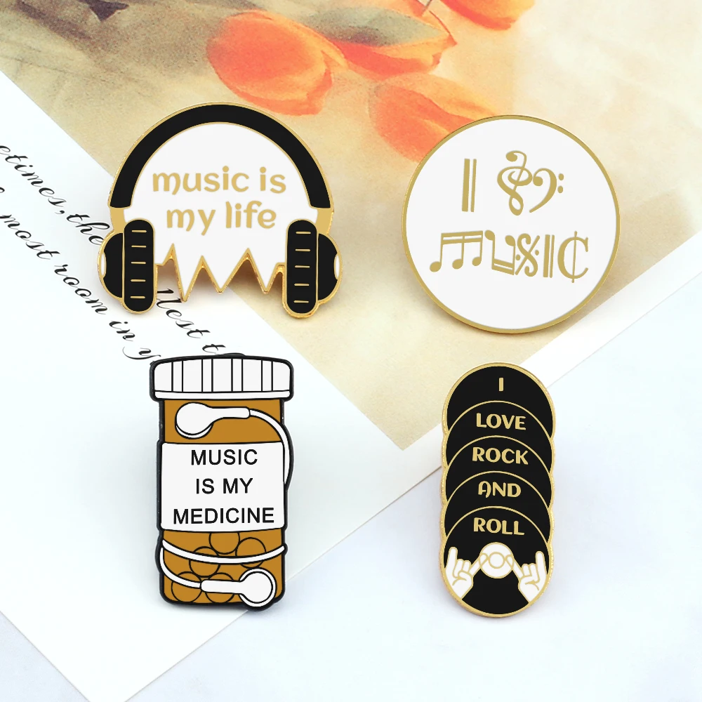 Music Is My Life!Fashion Enamel Pins for Women Men Earphone CDs Musical Note Record Headphone Brooches Denim Lapel Badge Jewelry