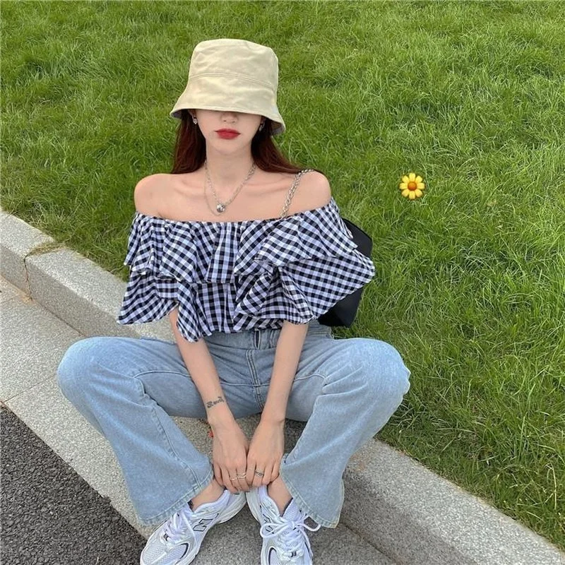 Chemisiers femmes Plaid Design été volants manches courtes culture hauts mode coréenne Harajuku Slash cou élégant rétro Sexy décontracté