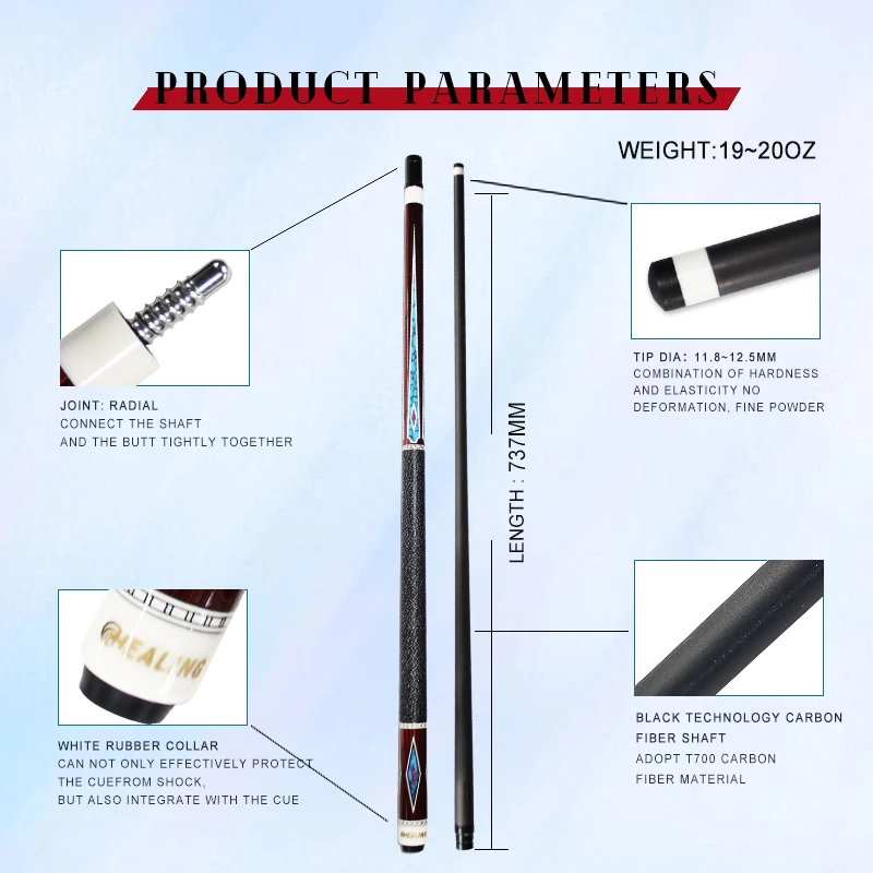 Technical Wood Pool Cue 12.4mm Carbon Fiber Linen Thread Grip Stainless Steel Stock 1474mm Wrapped