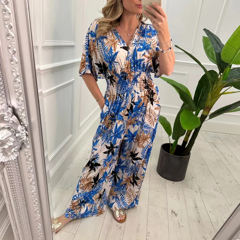 

Fashion V Neck Short Sleeve Wide Leg Pants Romper Summer Leaves Print Pleated Long Jumpsuit Casual Temperament Commute Jumpsuits