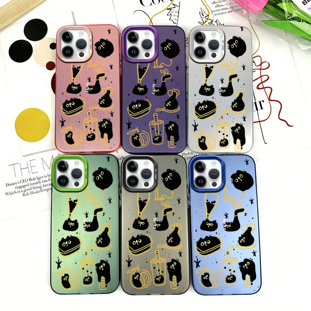 Cute Liquid Shape-Shifting Black Cat Phone Case for iPhone 12 11 13 14 15 16 Pro Plus IMD Plating Cover