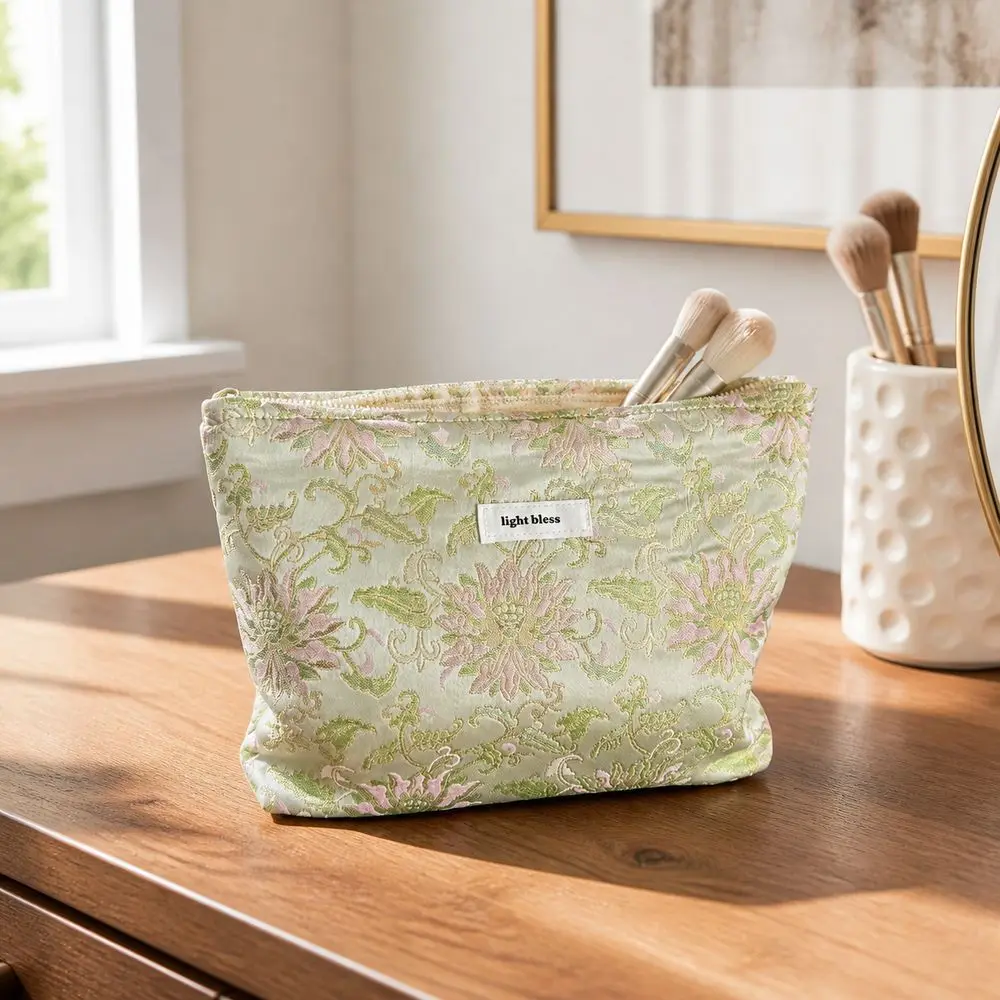 Canvas Cosmetic Bag Lotus Pattern Chinese Inspired Style Makeup Pouch Jacquard Texture Large Capacity Organizer Pouch