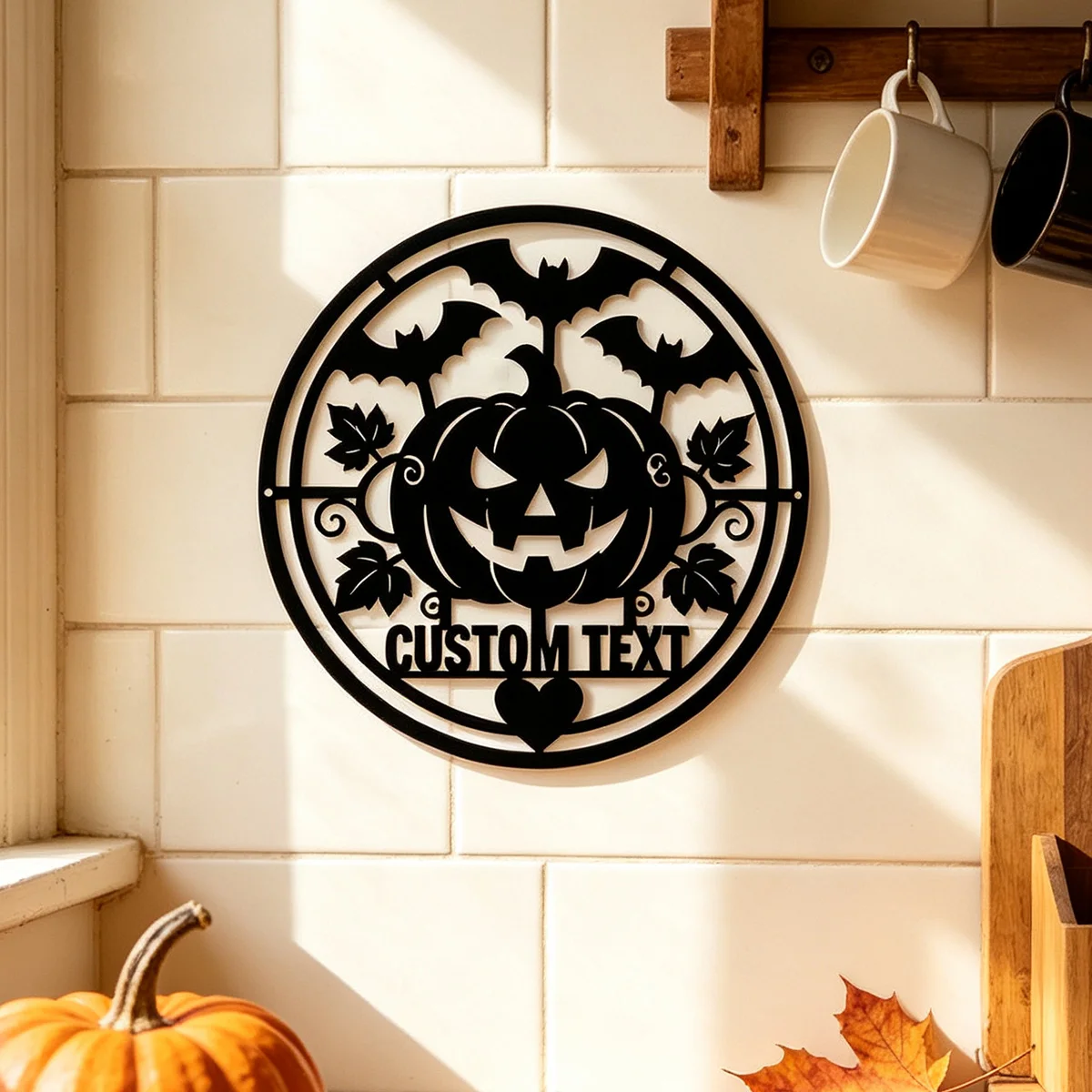 Custom Text Pumpkin Bat Metal Sign, Halloween Round Metal Wall Art, Jack-o-lantern Leaf Silhouette Decor, Porch Home Decor Gift