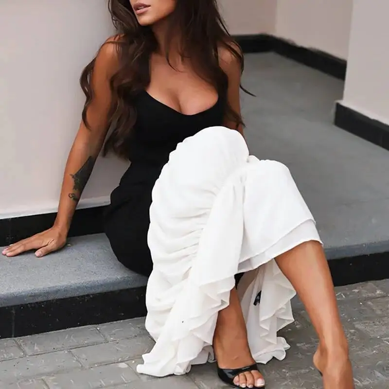 Spring Summer Contrast Color Ruffles Pleated Women Sexy Deep V Neck Sling Long Dress Casual Sleeveless Hollow Boho Dresses