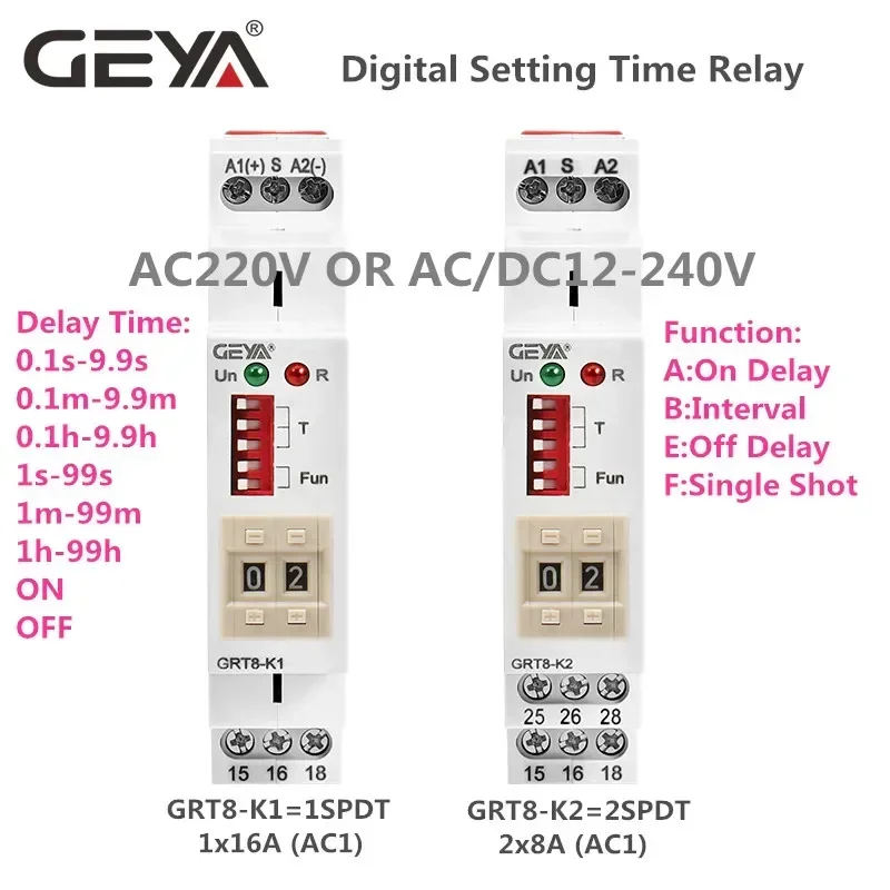 GEYA Multifunktions-Timer-Relais, elektronisch, verstellbar oder digitaler Einstell-Timer-Schalter, 12 V, 24 V, 48 V, 110 V, 220 V, GRT8-M, GRT8-K