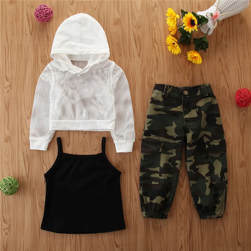 

Children's clothing girls spring and autumn set fashion net long sleeve hoodie halter camo pants casual three-piece set 90-130CM