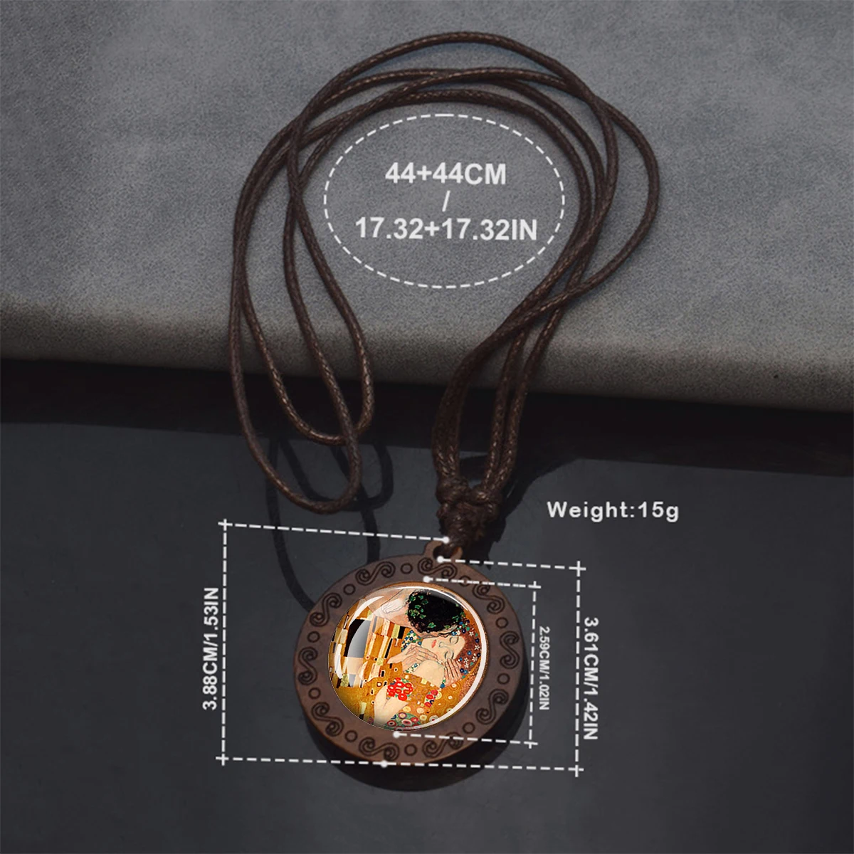 Klimt's Kiss Wood Necklace Art Oil Painting Wooden Pendant Retro Klimt Wood Wax Rope Chain Necklaces Glass Cabochon Jewelry Gift
