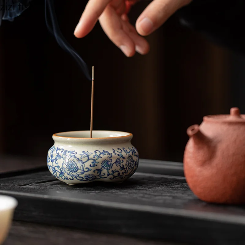 Ru Kiln Crackle Ceramic Incense Burner Creative Floral Incense Base Incense Stove Desktop Aromatherapy Plate Household Items