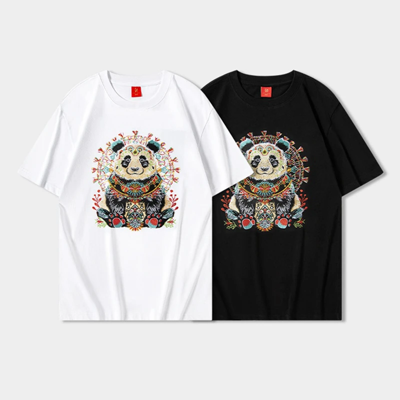 Lyprerazy National Tide Panda Embroidered Short-sleeved T-shirt Summer Cotton Loose Couples Tops Tees