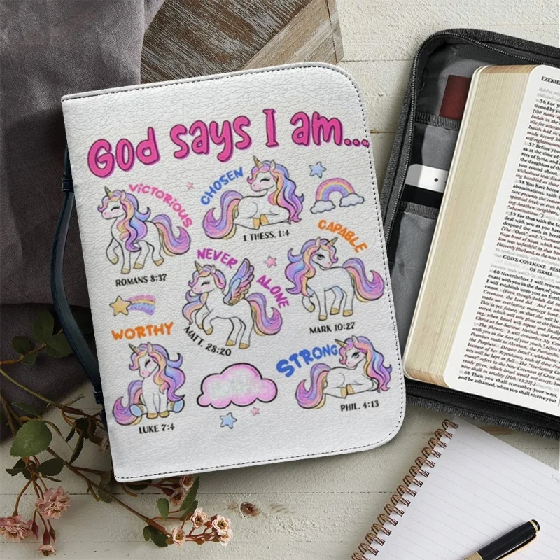 Unicornio rosa para niños, Dios dice que soy, impresión personalizada, funda de la Biblia de la Iglesia, bolsos de PU, libro de estudio, cajas de almacenamiento para niños