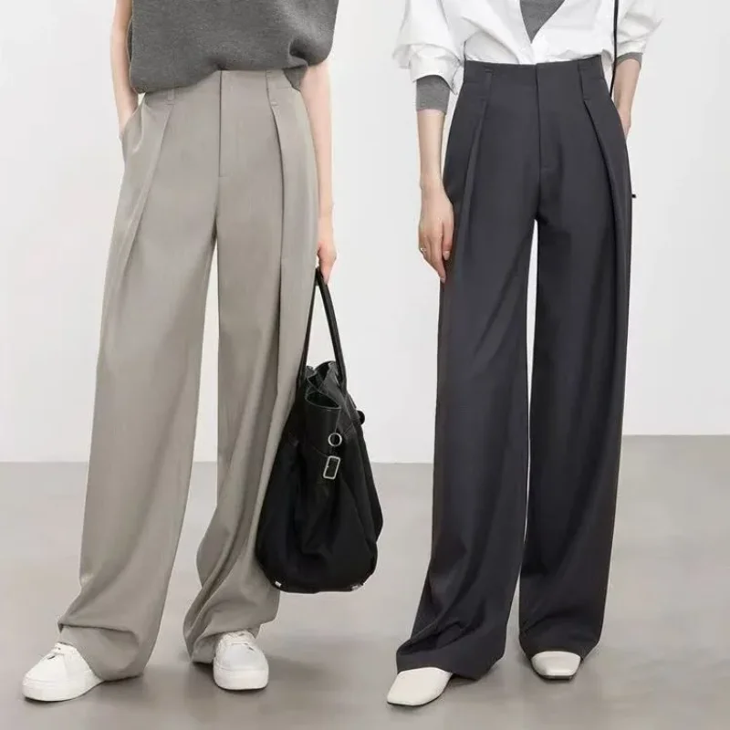 Women High Waist Grey Wide Leg Suit Pants Draped Straight Slouchy Curved Trousers Old Money Style Spring Autumn